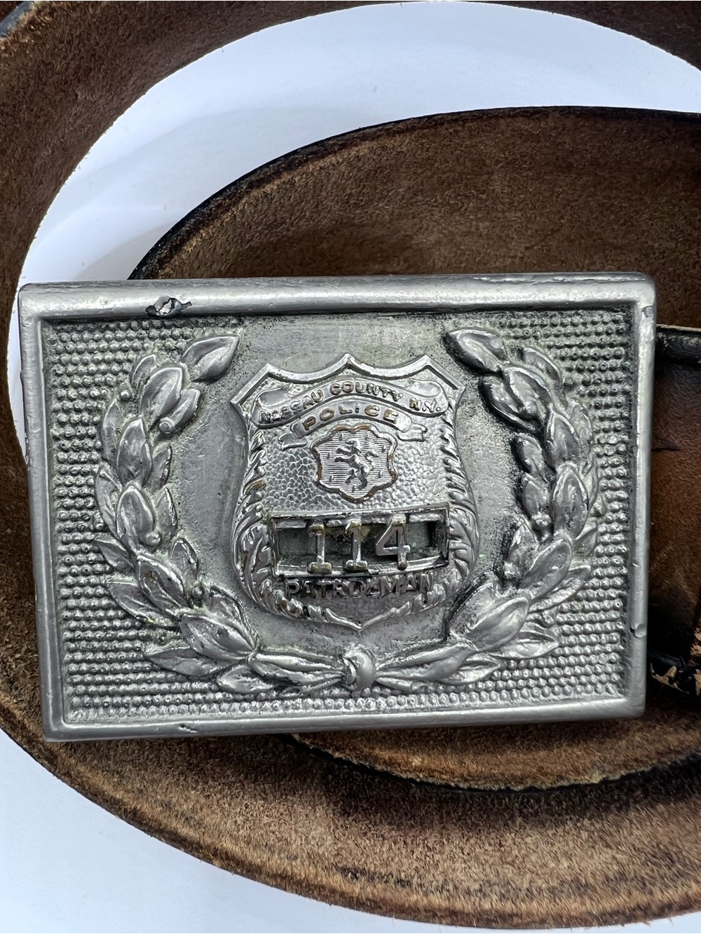 Vintage Nassau COUNTY Ny Belt Buckle Patrolman Badge 114 USMC Belt Included